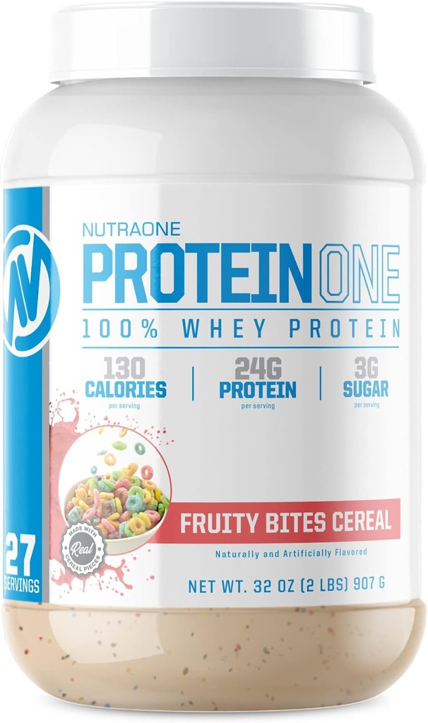NutraOne ProteinOne Whey Protein Promote Recovery and Build Muscle with a Protein Shake Powder for Men & Women (Fruity Bites Céréales - 2 lbs.)