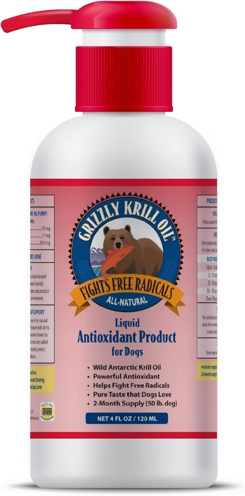 Grizzly Huile de krill sauvage d'Antarctique Supplément alimentaire pour chiens antioxydants, 4 oz