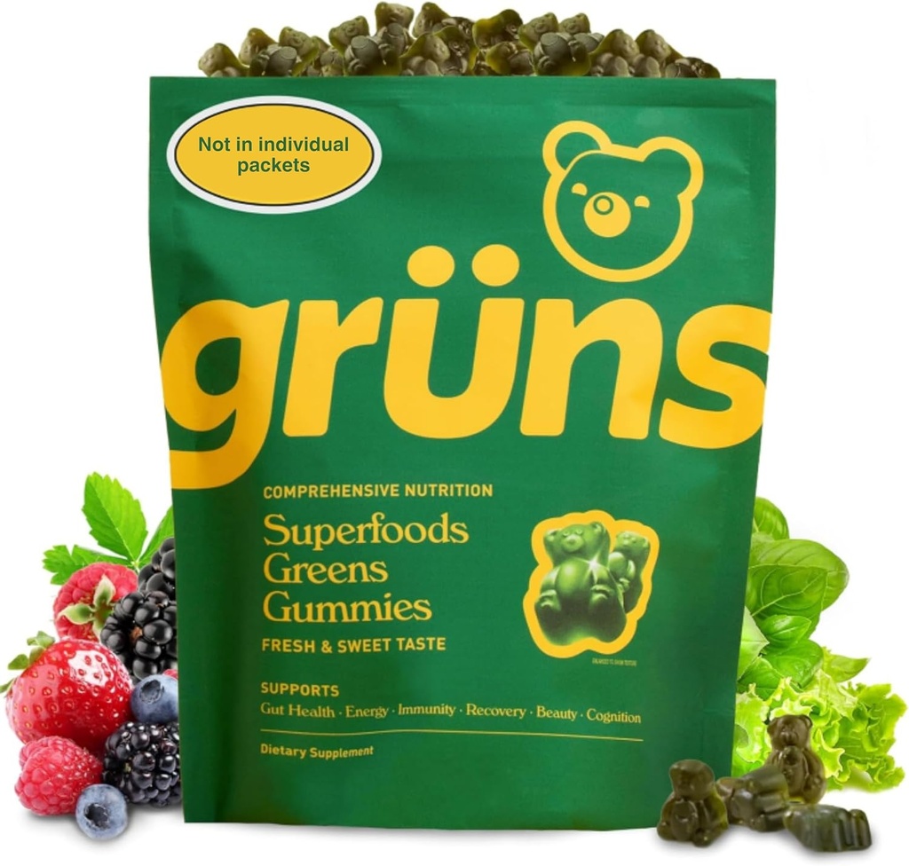 Gruns adulte Super Greens Gummies - Superfood Gummy Bears avec Spiruline, Chlorella et prébiotiques pour la santé digestive - Supplément adaptogène avec 20 vitamines et minéraux, faible sucre- 2 semaines d'approvisionnement