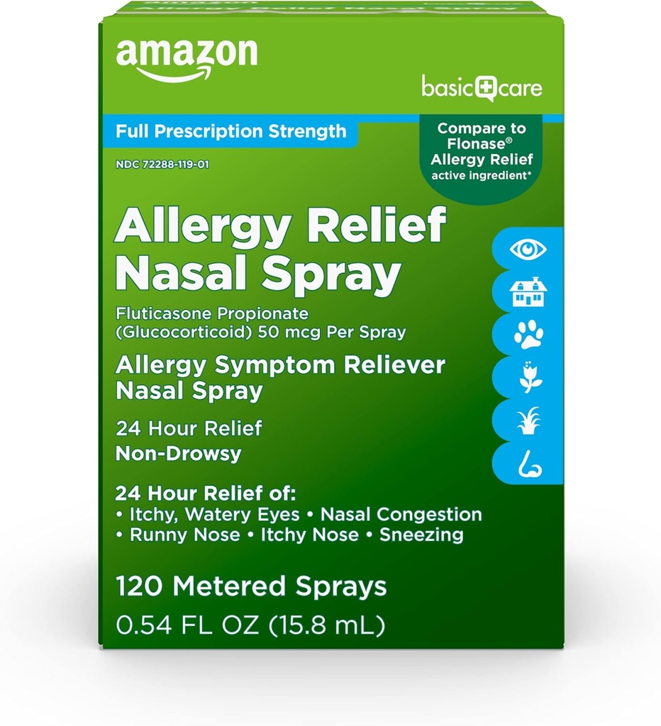 Amazon Basic Care Spray anti-allergie 24 heures sur 24, propionate de fluticasone (Glucocorticoïde), 50 mcg par spray, durée maximale de prescription, non somnolence, 0,54 fl oz (paquet de 1)