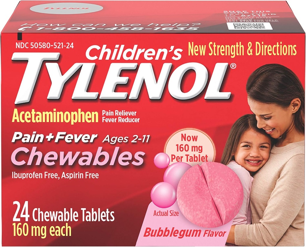 Chewables Tylenol pour enfants, Acétaminophène pour soulagement de la douleur et de la fièvre, Gum bulle, 24 ct