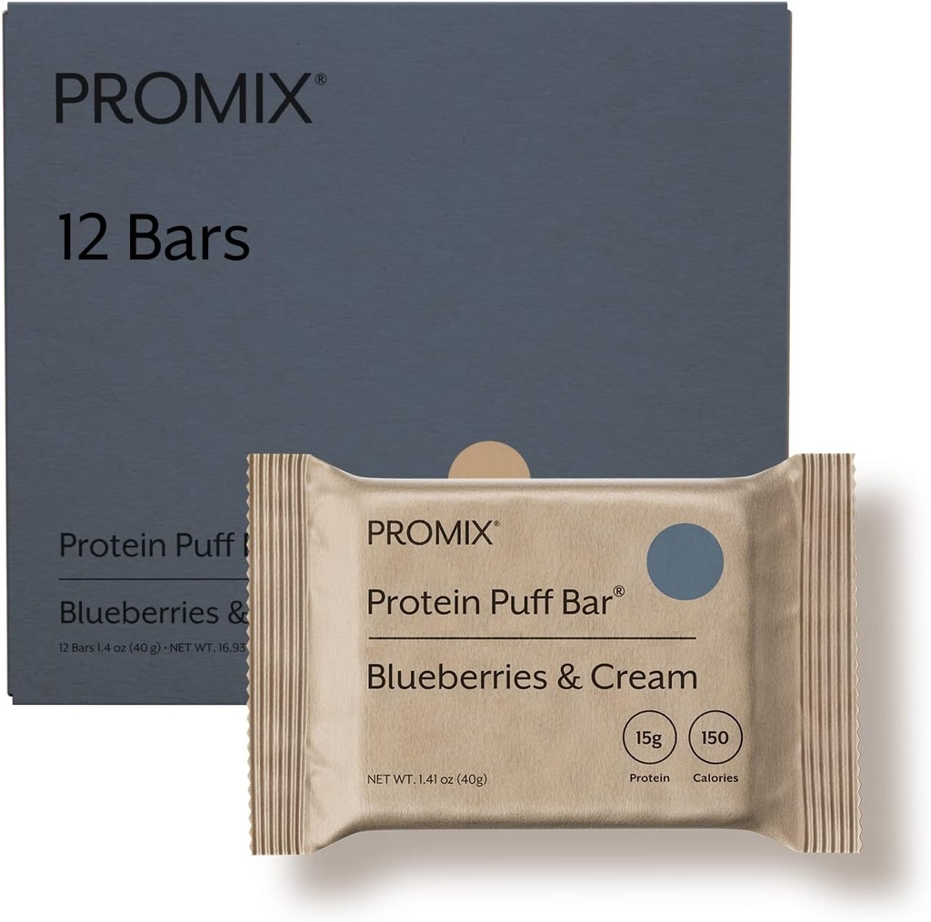 ProMix Nutrition Puff Bars - Blueberries & Cream - Marshmallow Crispy Treat - Grande dégustation et santé sur le go Snack - haute protéine et faible teneur en calories - sans gluten, soja et maïs - 12 barres