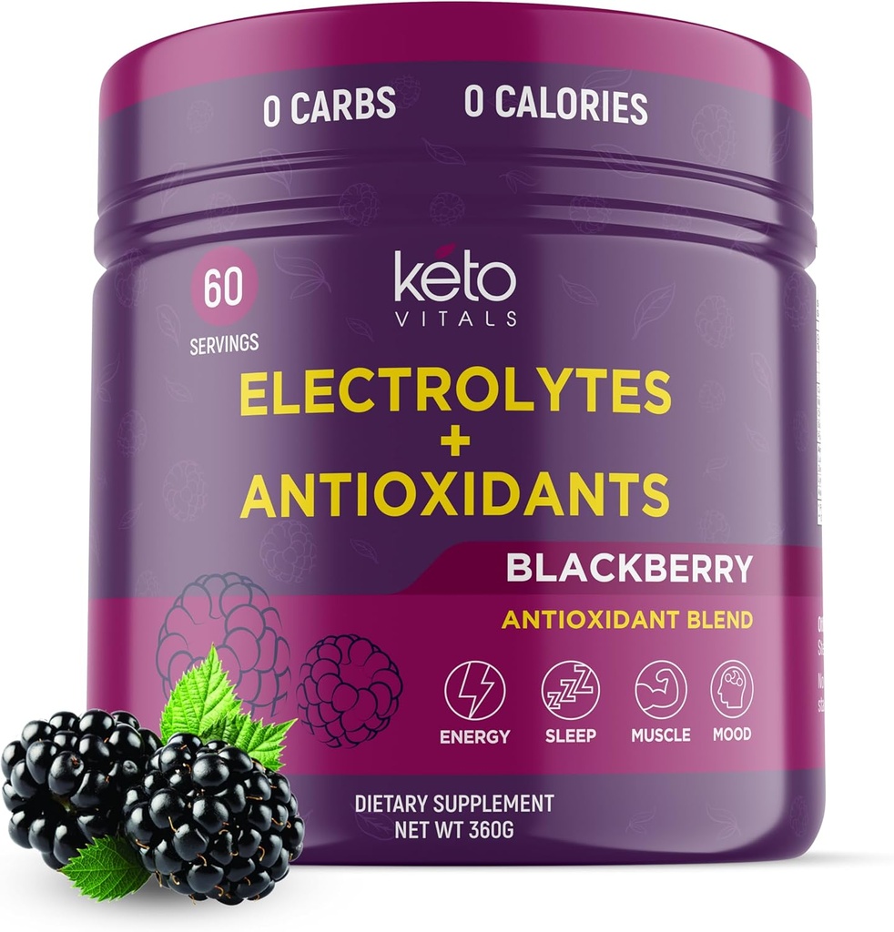 Keto Vitals Poudre d'électrolytes antioxydants - Mélanger des électrolytes kéto avec du potassium, du magnésium, du sodium et du calcium - Pas de sucre Mélange d'électrolytes et poudre d'hydratation, 60 portions, BlackBerry