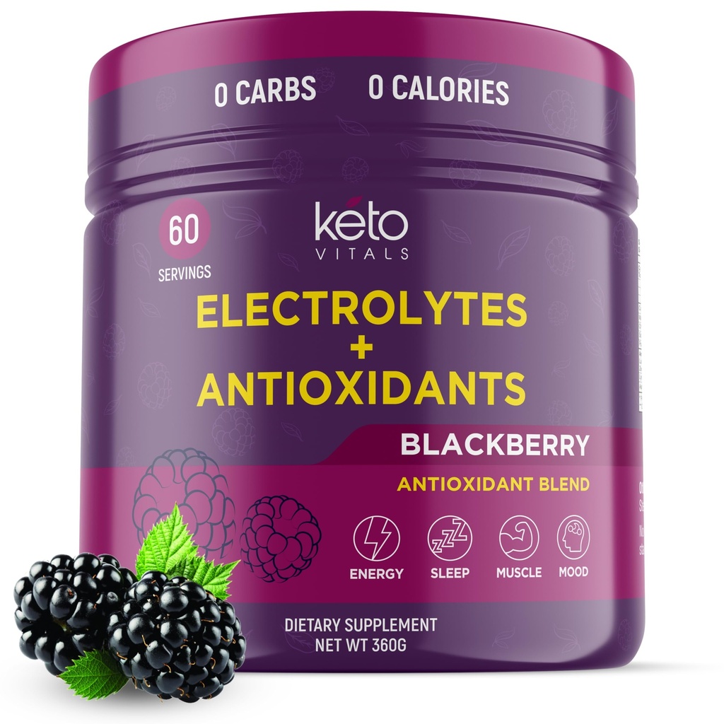Keto Vitals Poudre d'électrolytes antioxydants - Mélanger des électrolytes kéto avec du potassium, du magnésium, du sodium et du calcium - Pas de sucre Mélange d'électrolytes et poudre d'hydratation, 60 portions, BlackBerry