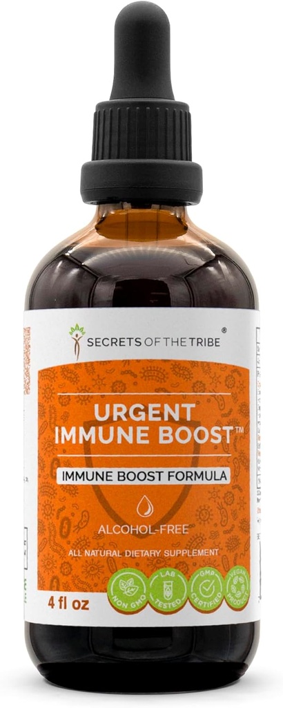 Urgent Imune Boost Extrait sans alcool, Teinture, Glycérite Aîné, Echinacée, Chèvre de miel, Ginger, Horseradish, OSHA, Andrographis, Ail, Wild Indigo. Formule de stimulation immunitaire (4 FL OZ)
