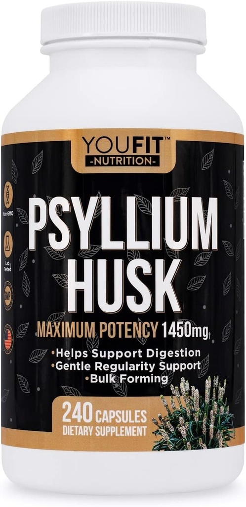 PSYLLIUM Husk Capsules - Supplément de fibre de psyllium premium - Promotion de la santé et de la régularité intestinales - 100% de fibre soluble naturelle 1450mg par portion - 240 capsules