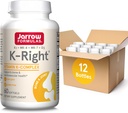 Formules Jarrow K-Droite - Complexe en vitamine K (K1, MK-4, MK-7, D3) - 60 portions (Sofgels) - Supplément alimentaire pour le soutien de la santé osseuse et cardiovasculaire - Vitamine K2 MK-7 - Sans gluten, boîte de 12