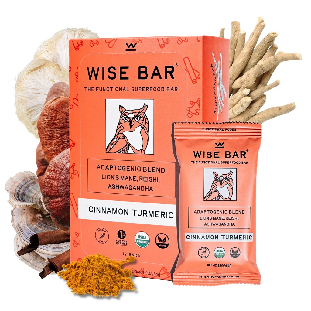 WISE BAR Adaptogen Mushroom Nutrition Bars avec Reishi, Lions Mane & Ashwagandha, Organic Vegan & Gluten Free Snacks pour le focus naturel, l'énergie et le soutien immunitaire, Cannelle Turmeric Flavor, 12 Comte