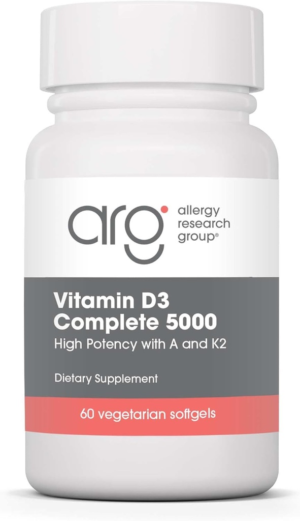 Allergy Research Group Vitamin D3 Complete 5000 IU - Vitamin D3 and K2 Supplement, Daily Balance, with Vitamin A, DeltaGold Tocotrienols, High Potency, Veggie Softgels - 60 Count