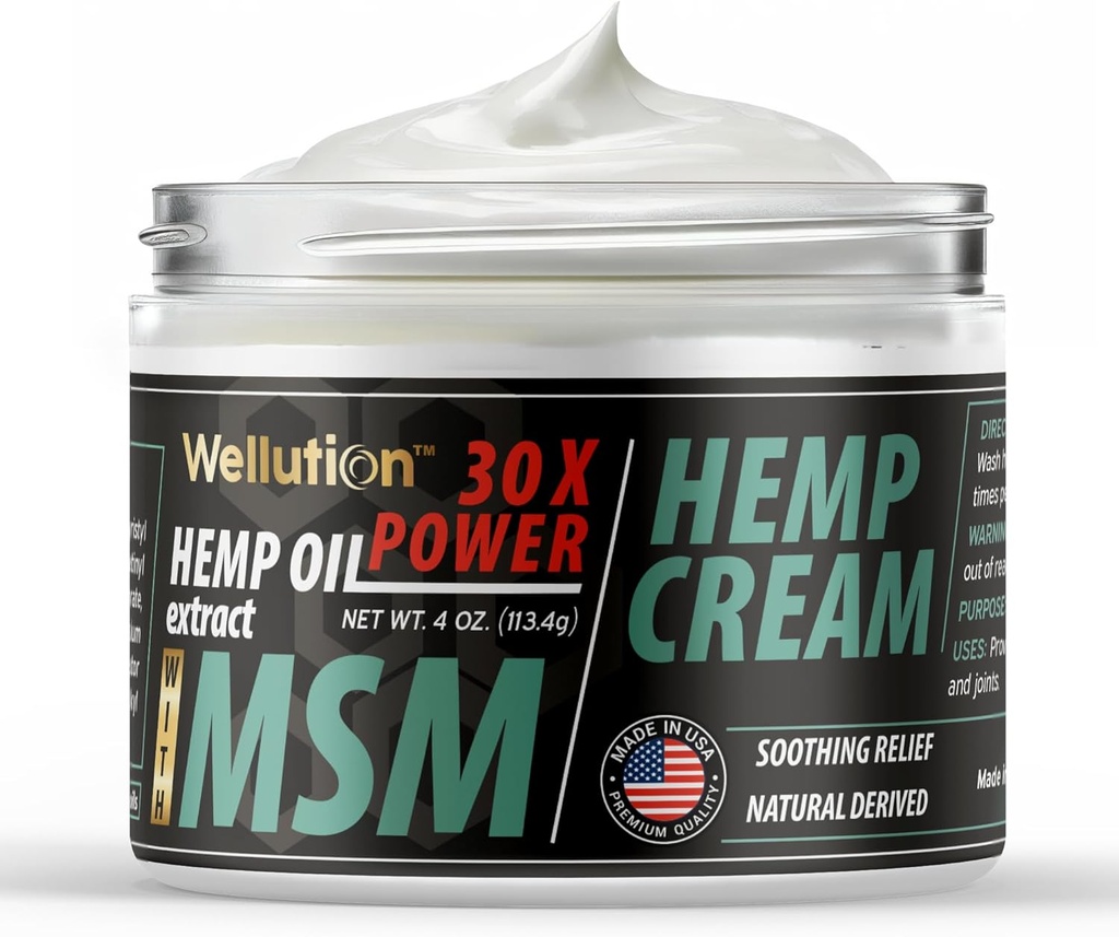 WELLUTION Hemp Cream - All-Natural Hemp Oil Extract - Extra Strength Massage Lotion with Arnica, Vitamins E & A - 4 oz