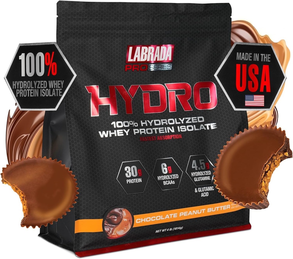 LABRADA Hydro 100% Pure Hydrolyzed Whey Protein Isolate Powder, Lactose Free, Glutamine, Fastest Digesting Whey Available, Instant Mixing, Delicious Taste 45 Servings 4lb (Peanut Butter)