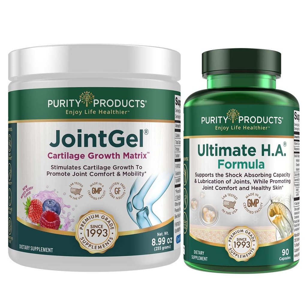 Ensemble de produits de pureté - JointGel (Berry Flavor) + Ultimate HA Joint Gel Berry Powder (Bioactive Collagen Peptides + MSM) - Ultimate H.A. (BioCell Collagen, Quercetin, Hyaluronique Acid + More)