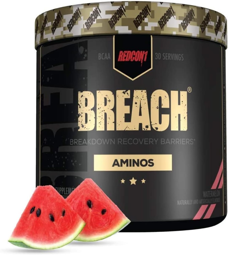 REDCON1 Breach BCAAs, pastèque - Keto Friendly + Acides aminés essentiels sans sucre pour la récupération - Contient BCAAs L-Leucine, L-Isoleucine et L-Valine (30 portions)