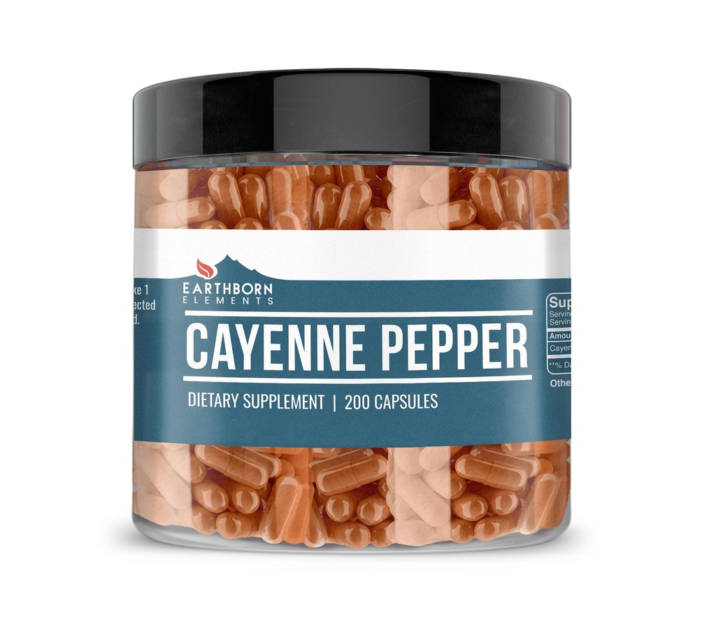 Éléments terriens Cayenne Pepper 200 Capsules, pures et non diluées, sans additifs