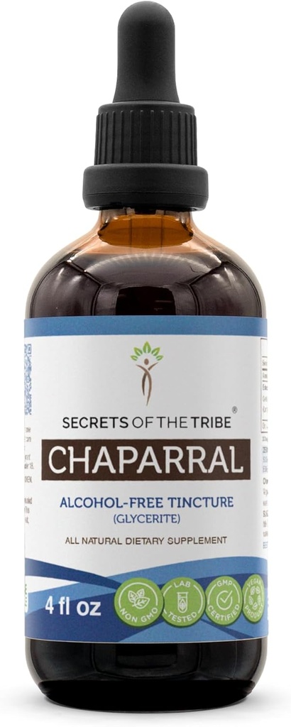 Secrets de l'extrait liquide sans alcool Tribe Chaparral, Chaparral (Larrea tridentata) Supplément à la feuille séchée et à la teinture de fleurs (4 FL OZ)