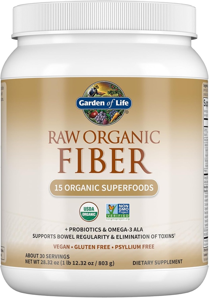 Jardin de la vie Poudre de fibre organique brute, 30 portions, 15 superaliments biologiques, probiotiques, Omega-3 ALA, 4g Fibre soluble, 5g Insoluble pour la régularité, sans musc de Psyllium