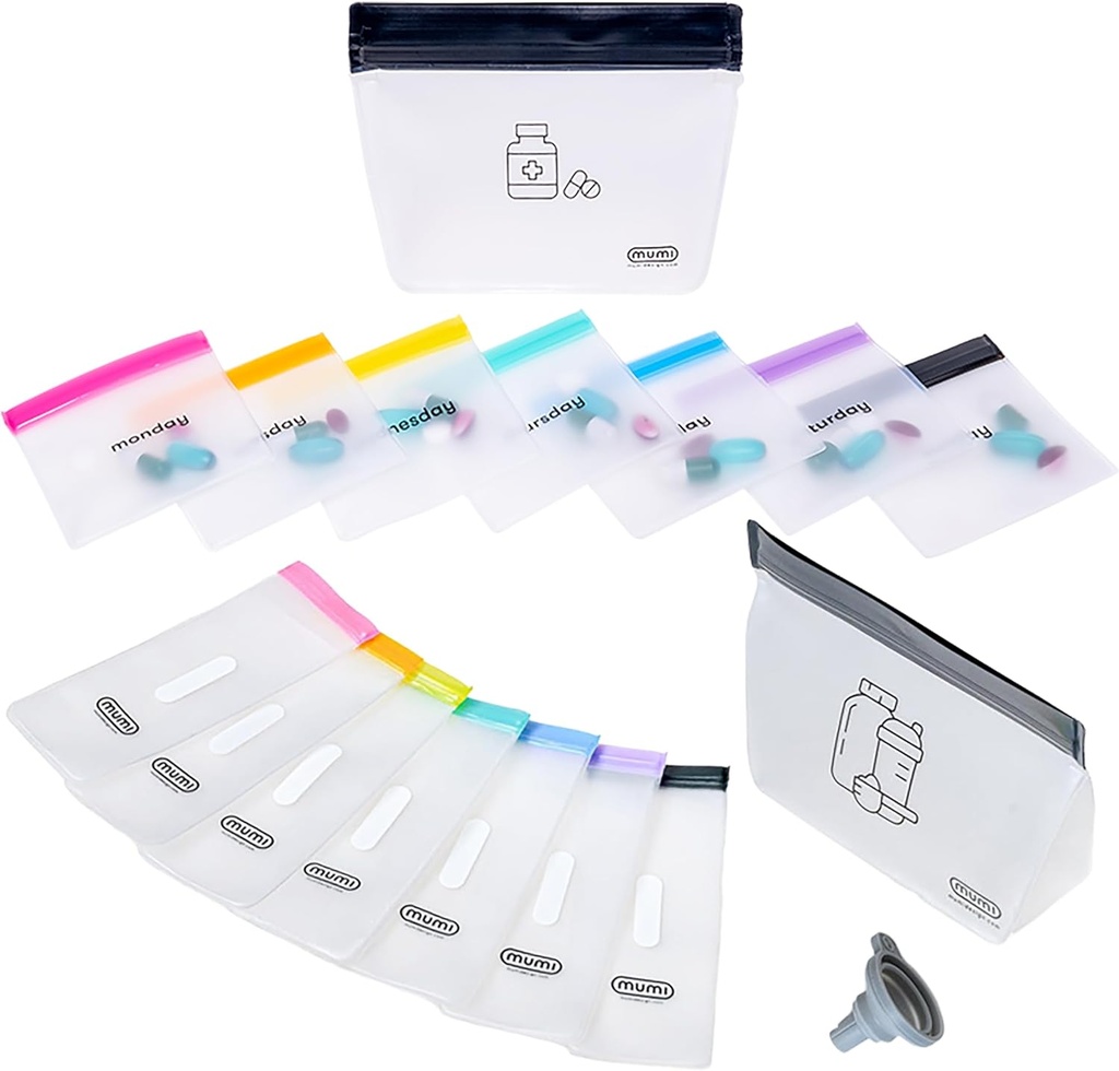 MUMI Ultimate Wellness Bundle - Pill Pouch Set and Single Dose Kit - 7pc Mini Pill Bags with 1 Large Zipper Pouch and 7pc Powder Supplement Packets with 1 Large Zipper Pouch