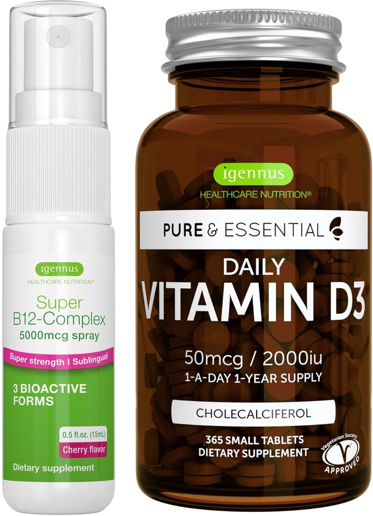 Daily Vitamin D3 + Super B12-Complex 5000mcg Vegetarian Bundle, 365 2000iu Vitamin D3 Tablets + High Strength B12 Cherry Flavor Sublingual Spray, by Igennus