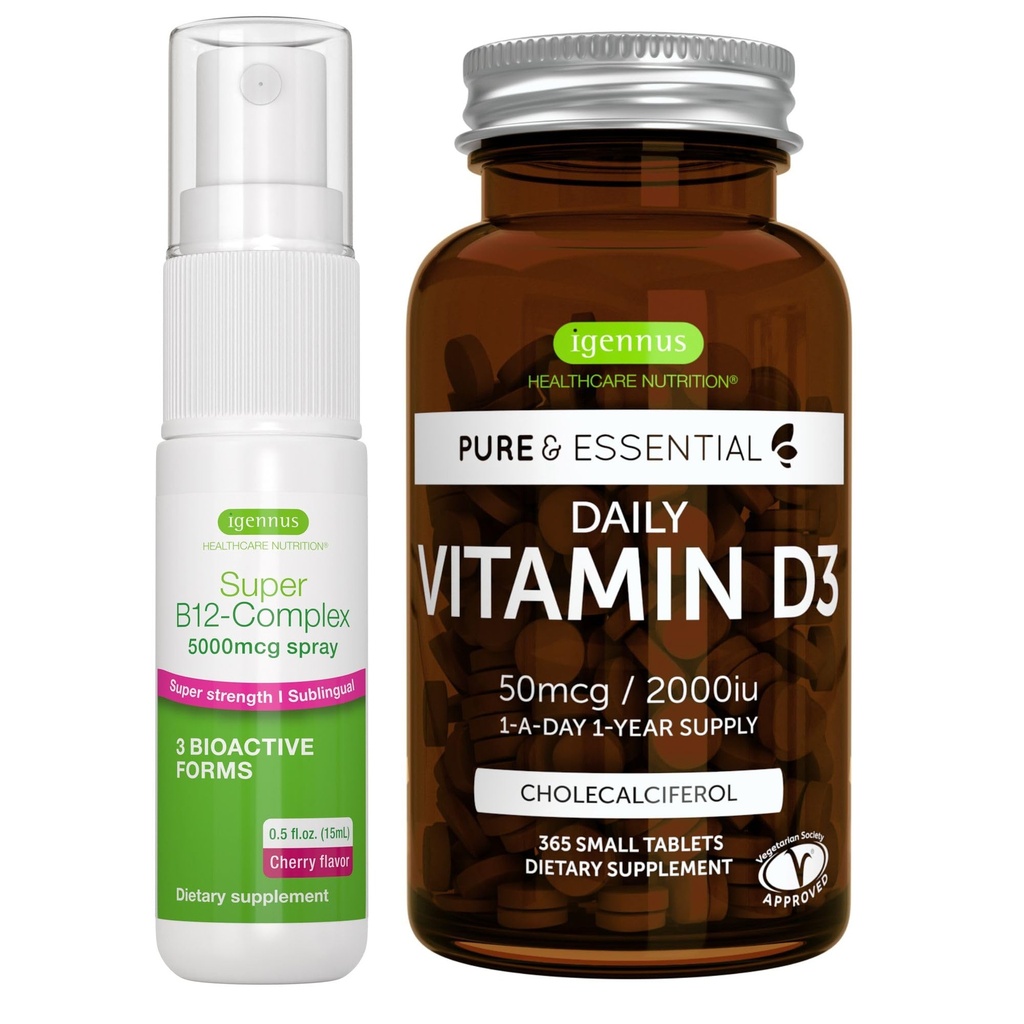 Daily Vitamine D3 + Super B12-Complex 5000mcg Végétarien Bundle, 365 2000iu Vitamine D3 Comprimés + High Strength B12 Saveur de cerise Spray sublingual, par Igennus