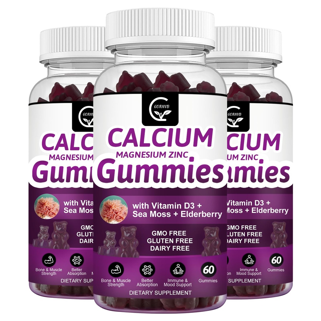 Calcium Magnésium Zinc Gommies à haute absorption Magnésium Glycinate Potassium - Complexe végétal Calcium Magnésium 2:1 Ratio, avec D3 de mousse de mer pour os, Muscles, Immune & Soutien du sommeil, Vegan-3 Pack