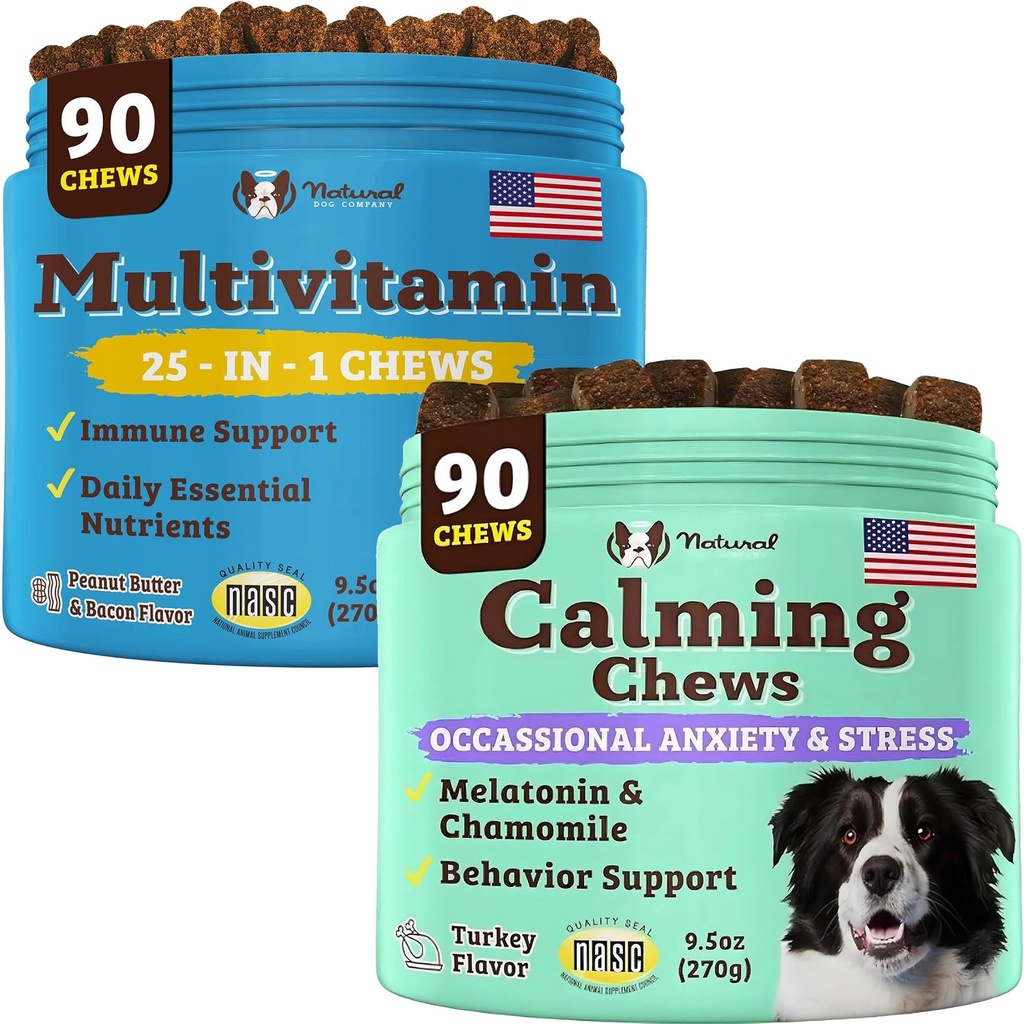 Natural Dog Company Multivitamine et supplément calmant, nutriments quotidiens et soulagement de l'anxiété pour les chiens, soutien santé articulaire, peau et manteau, réduire le stress du bruit et des voyages, vitamines essentielles