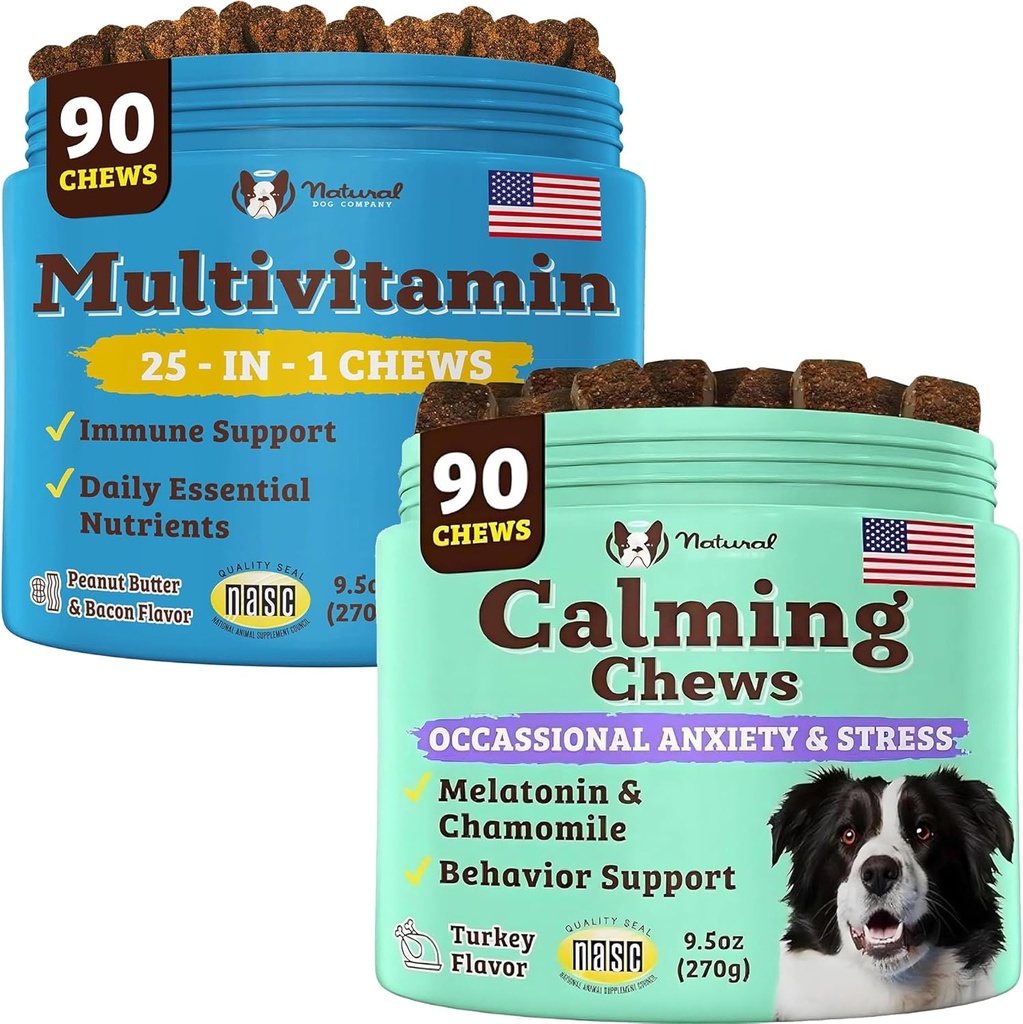 Natural Dog Company Multivitamine et supplément calmant, nutriments quotidiens et soulagement de l'anxiété pour les chiens, soutien santé articulaire, peau et manteau, réduire le stress du bruit et des voyages, vitamines essentielles
