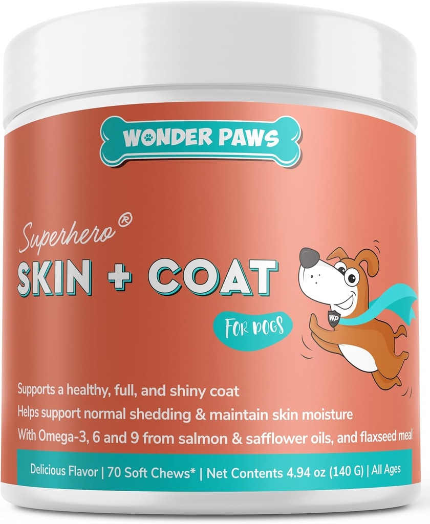 Wonder Paws Skin & Coat Supplément pour les chiens à l'huile de saumon, Omega 3 & 6, EPA & DHA, favorise la santé de la peau et du manteau, le soulagement des démangeaisons, la santé articulaire et globale, le goût délicieux, 70 peau et manteau