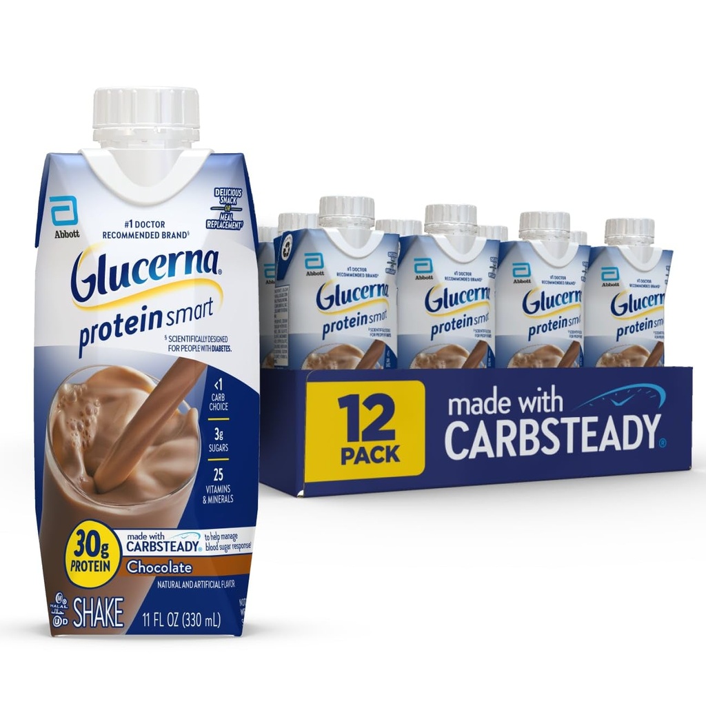 Glucerna Protein Smart Diabetes Care Shake, Chocolat, Diabétique substitut de repas pour soutenir la gestion du sucre dans le sang, 30g de protéines, 150 calories, prêt à boire, 11-fl-oz bouteille, 12 Pack