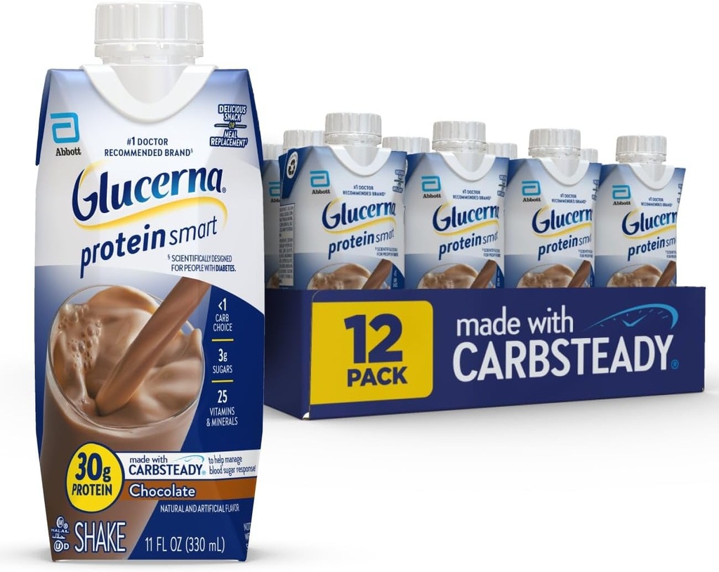 Glucerna Protein Smart Diabetes Care Shake, Chocolat, Diabétique substitut de repas pour soutenir la gestion du sucre dans le sang, 30g de protéines, 150 calories, prêt à boire, 11-fl-oz bouteille, 12 Pack