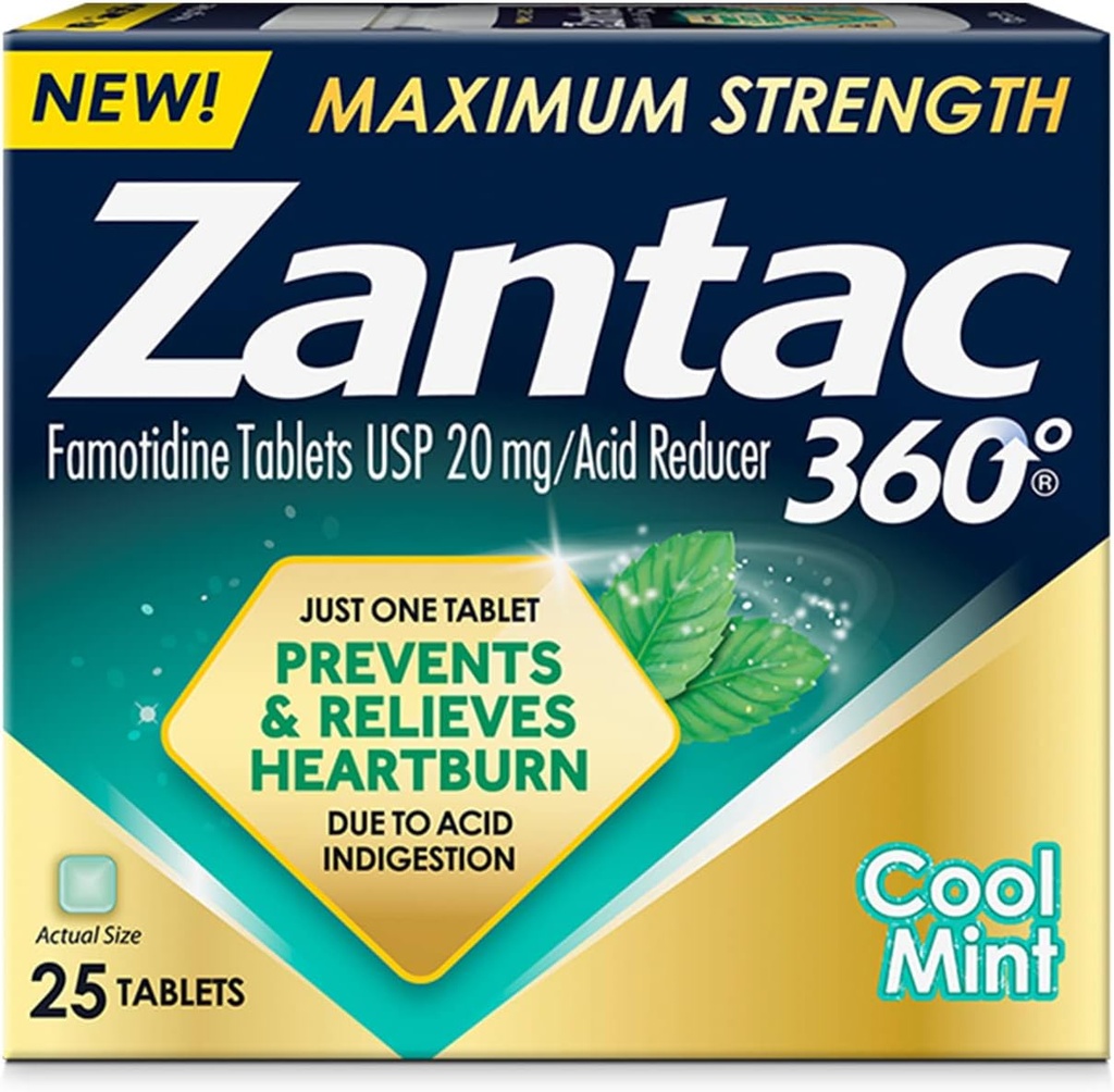 Zantac 360 Force maximale, menthe fraîche, 25 Compte, prévention et soulagement des brûlures d'estomac, comprimés de 20mg