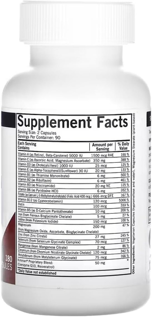 Kirkman - Multivitamine et minéral avancé pour adultes avec 5-MTHF - 180 capsules - Potent Broad Spectrum Vitamine/Mineral Supplement - Supporte le chiffre d'affaires cellulaire - Hypoallergénique