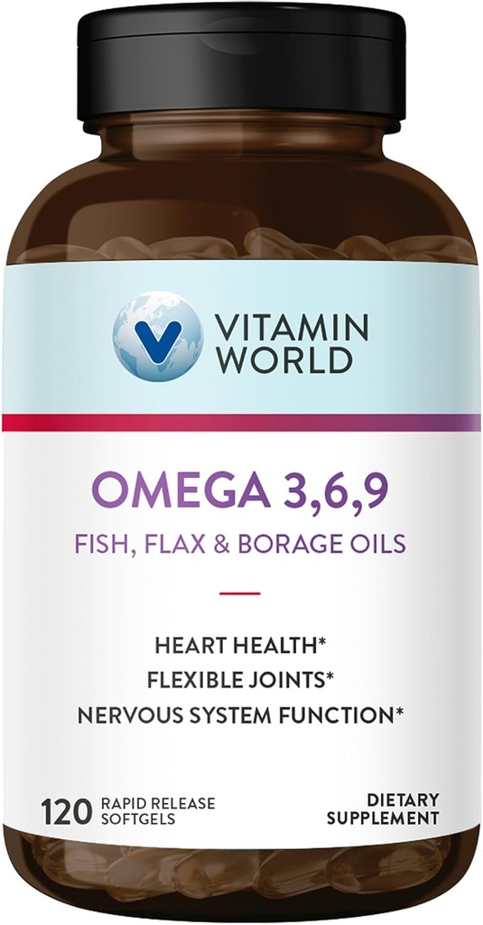Vitamine World Triple Omega 3-6-9 3000mg avec des huiles de poisson, de lin, de bore et de primrose du soir, acides gras Omega-3 avec EPA et DHA, soutient la santé cardiaque, cérébrale et immunitaire, sans gluten, 120 Softgels