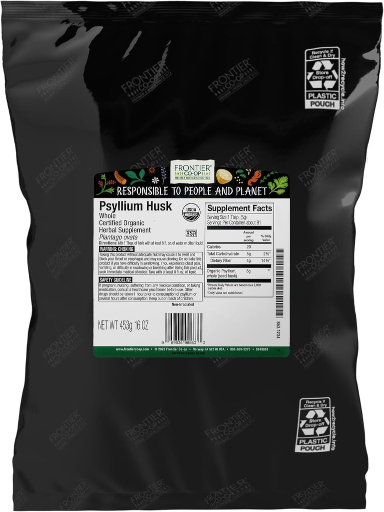 Frontier Co-op Organic Psyllium Husk 1lb - Psyllium entier Husk, Organic & Kosher - Psyllium Husk Fibre pour cuisson, Psyllium Complément nutritionnel pour digestion, Psyllium Husk Poudre en vrac
