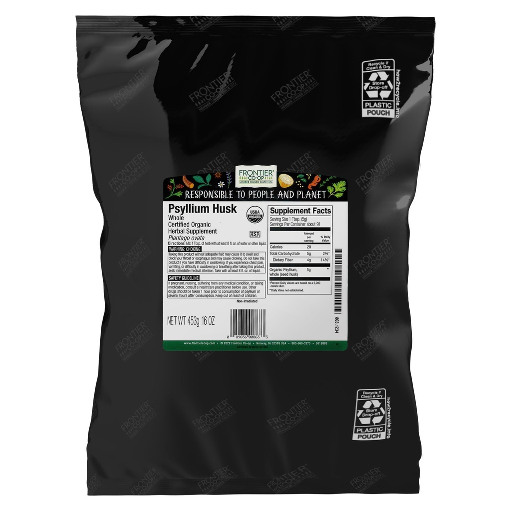 Frontier Co-op Organic Whole Psyllium Husk, Fiber for Baking, Psyllium Nutritional Supplement for Digestion, Kosher | 16 Ounce (Pack of 1)