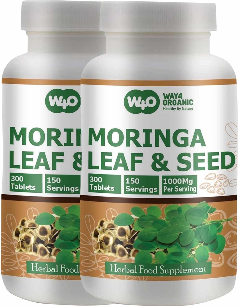 Moringa Oleifera Feuille et poudre de graines (80:20) Ratio 300 Pills(Tablettes), 150 portions, 1000 mg. Supplément à base de plantes malunggay non enrobées, sans revêtement chimique, Superfood vert. Boîte de 2.