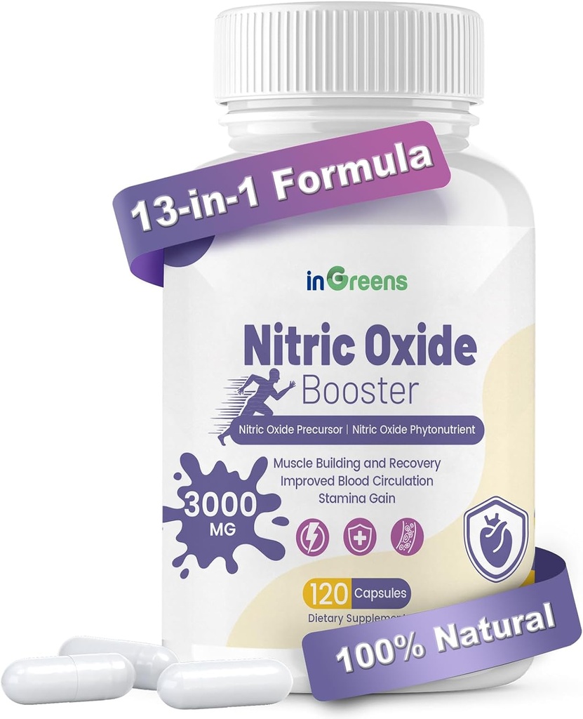 Suppléments d'oxyde nitrique pour les hommes et les femmes, 3000mg, 120 capsules - 13-en-1 Booster d'oxyde nitrique pour la croissance musculaire, la santé cardiaque, l'énergie et la circulation – Non-OGM, sans gluten