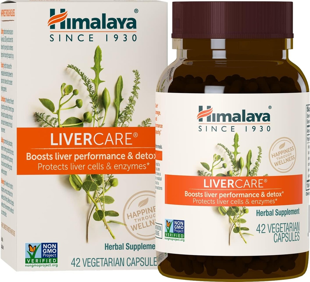 Himalaya LiverCare - Soutien du foie à base de plantes Promouvoir l'élimination des déchets, le nettoyage du foie, la désintoxication et la production de bile - Vegan, non-OGM, sans gluten, 375 mg, 42 capsules