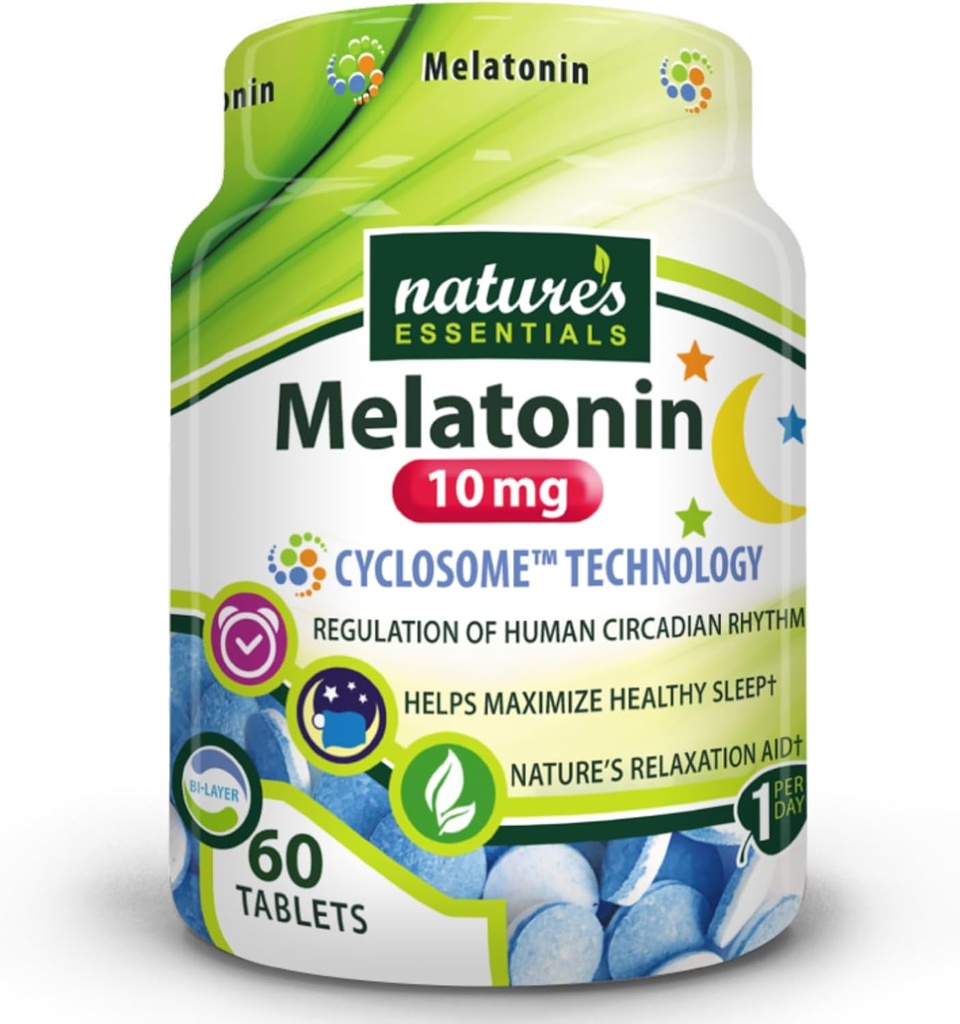 NATURE'S ESSENTIALS Melatonin 10mg | Immediate & Extended Release | Advanced Cyclosome Liposomal Delivery | Non-GMO, Gluten Free, Vegetarian | 60 Tablets