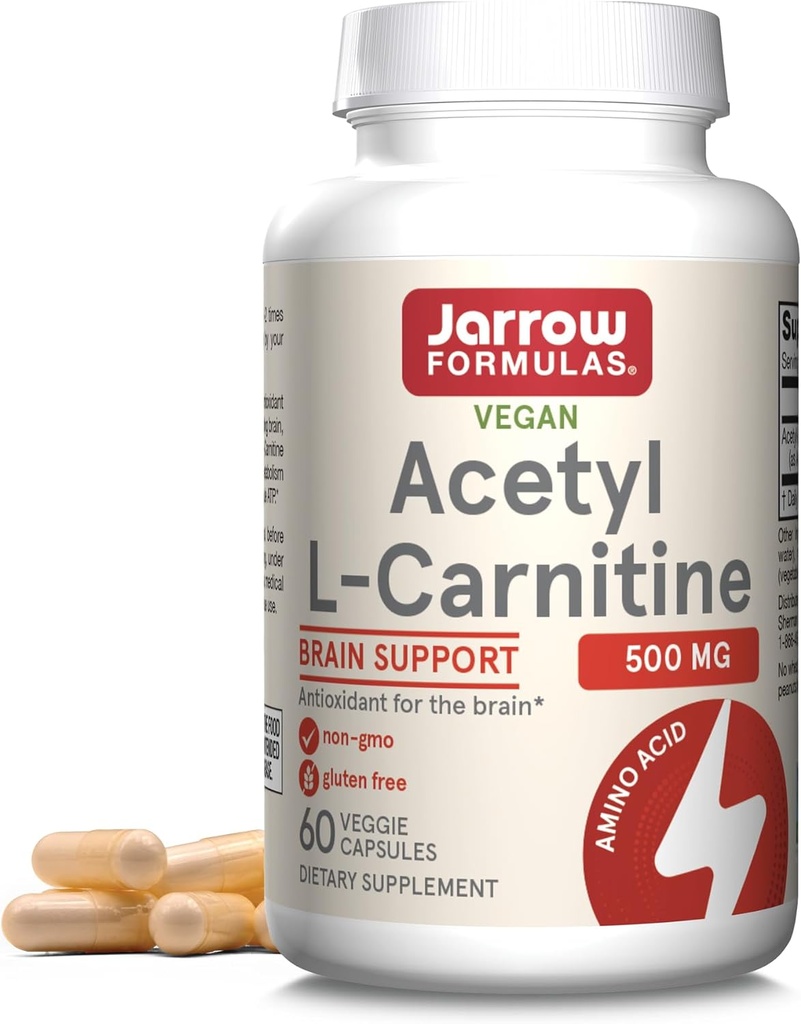 Jarrow Formulas Acetyl L-Carnitine Capsules - 500 mg - 60 Count - For Brain Health & Fatty Acid Metabolism - Vegetable Capsules - Non-GMO - Gluten Free