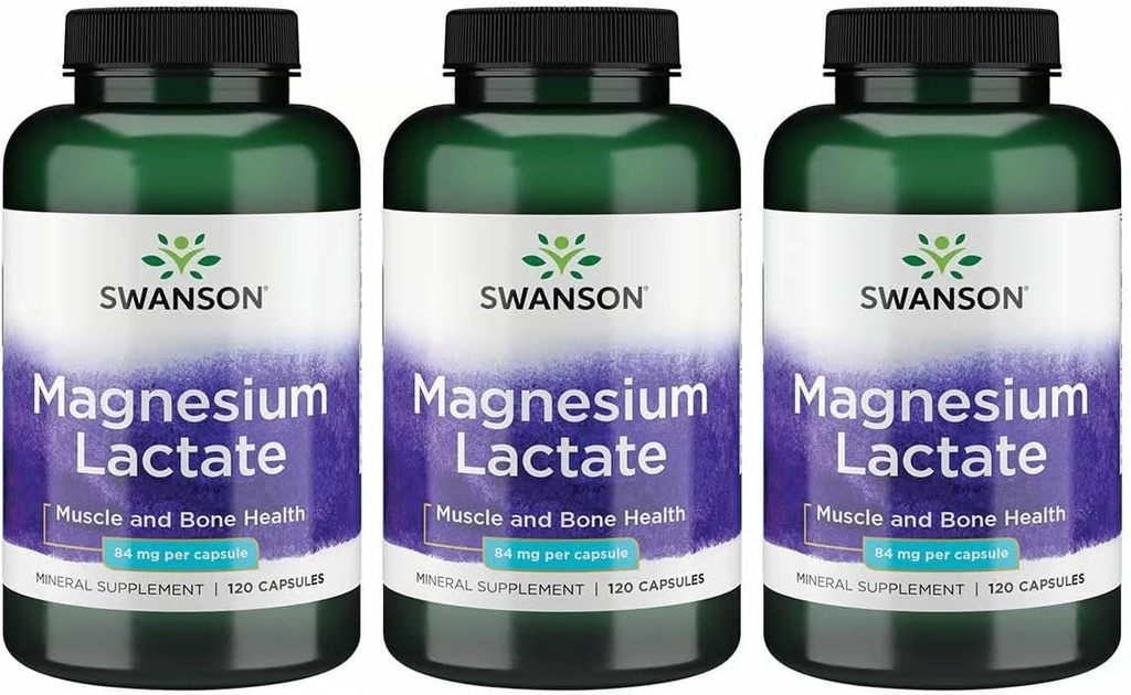 Lactate de magnésium de Swanson - Supplément minéral favorisant le soutien de la santé musculaire et osseuse - Forme minérale de lactate sans lactose pour l'absorption douce - (120 capsules, 84mg chacune) 3 boîtes