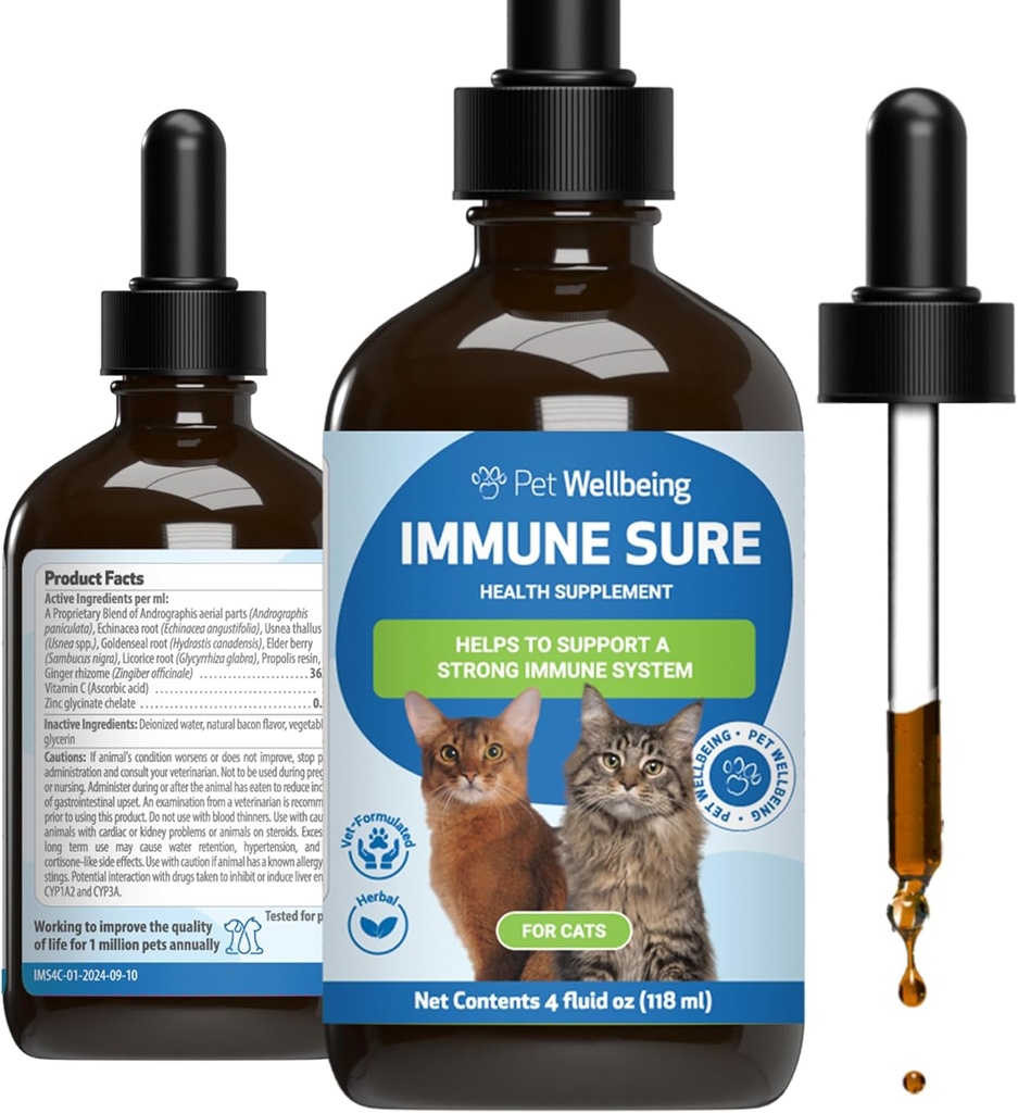 Pet Wellbeing Immune Sure for Cats - Supports Normal Immune Defenses, Gut Flora Balance, Andrographis, Echinacea, Vitamin C, Zinc - Veterinarian-Formulated Herbal Supplement 4 oz (118 ml)