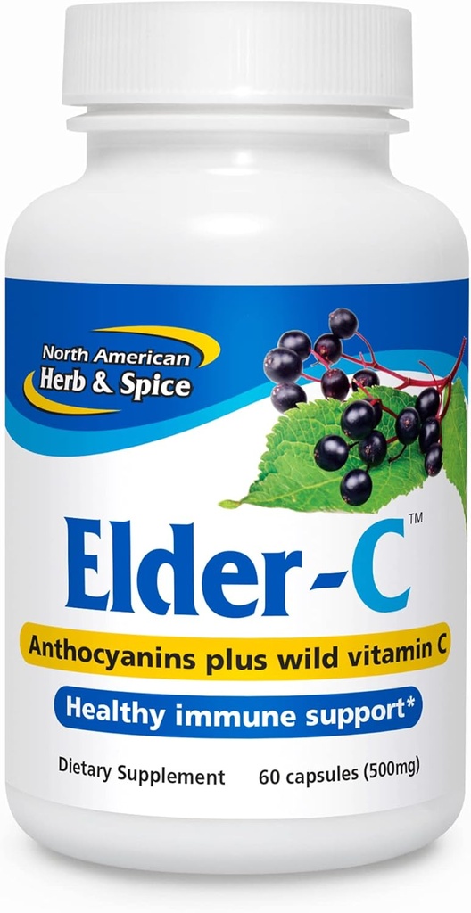 NORTH AMERICAN HERB & SPICE Elder-C - 60 gélules - Elderberry Concentrate - Immune Support, réponse respiratoire saine - contient de l'oréganol P73 - non-OGM, sans gluten - 30 portions