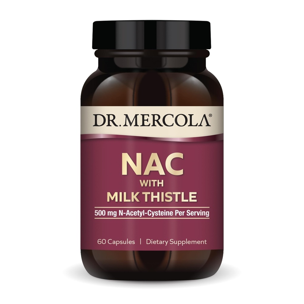 Dr Mercola NAC avec chardon de lait - avec antioxydants - soutient les processus de désintoxication normaux - 500 mg N-acétyl-Cystéine par portion - Non-OGM, sans gluten et sans soja - 60 capsules (30 portions)