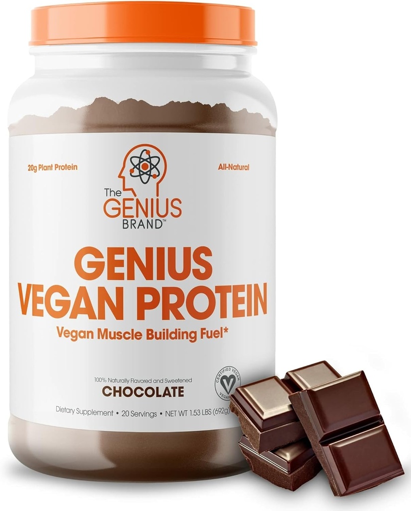 Genius Vegan Protein Powder, Chocolat - Lean-Based Muscle Building Shake pour les hommes et les femmes - Sources de protéines de pois et de citrouille - naturellement aromatisées et sucrées - Sans lait et sans lactose