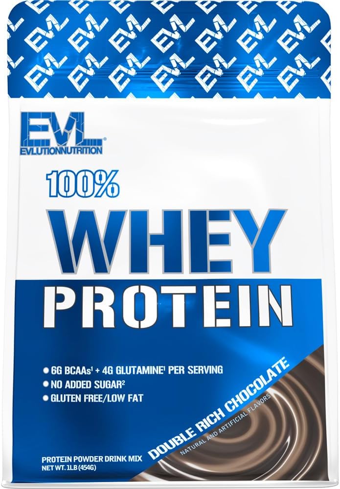 Évlution Nutrition 100% Whey Protein, 25g de Whey Protein, 6g de BCAA, 4g de glutamine, sans gluten (1 LB, chocolat double riche)