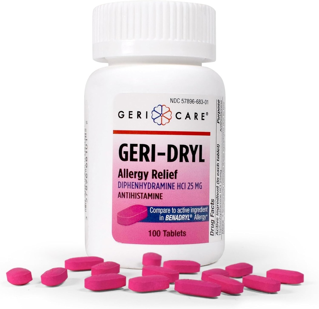 Geri-Dryl Allergy Relief Tablets (100 Count) by GeriCare| Diphenhydramine HCI 25mg Antihistamine Tablets for Sneezing, Runny Nose, Itchy Throats & Eyes| Anti-Allergy Medicine for Adults & Kids