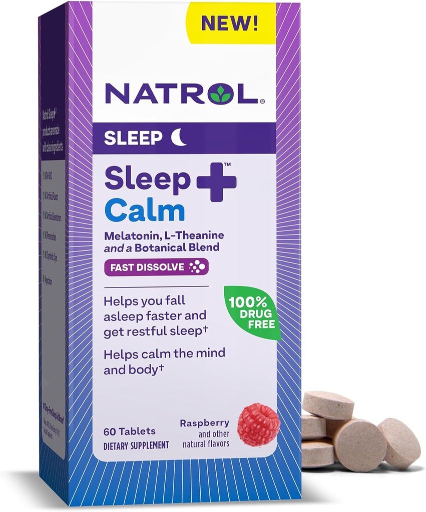 Natrol Sleep + Calme Mélatonine 6mg avec L-Theanine 50mg et un mélange botanique, complément alimentaire pour le sommeil reposé et un esprit et le corps calme, 60 comprimés à dissolve rapide aux framboises, 60 jours d'approvisionnement