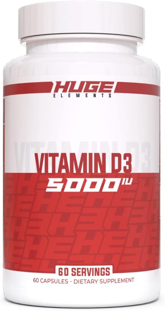 Suppléments énormes vitamine D3, 5000 UI (125 mcg) par portion, sans OGM, sans gluten, sans soja - soutient le système immunitaire, la santé osseuse et l'humeur (60 capsules)