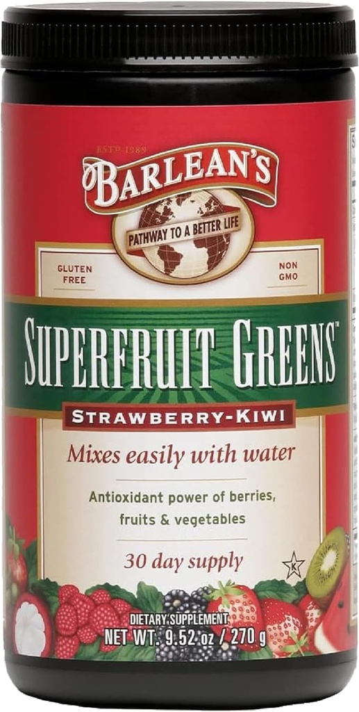 Poudre de vert surfruit de Barlean avec pouvoir antioxydant des baies, fruits et légumes – Fraise Kiwi Flavor - végétalien, non-OGM, sans gluten - 9,52 oz
