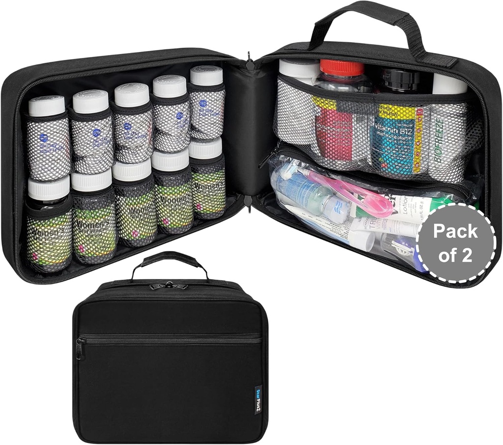 Pack de 2 - Grand organisateur de bouteilles de pilules rembourrées, sac de médecine, étui, porte-médicaments, vitamines et fournitures médicales avec poches fixes - noir (sans serrure)